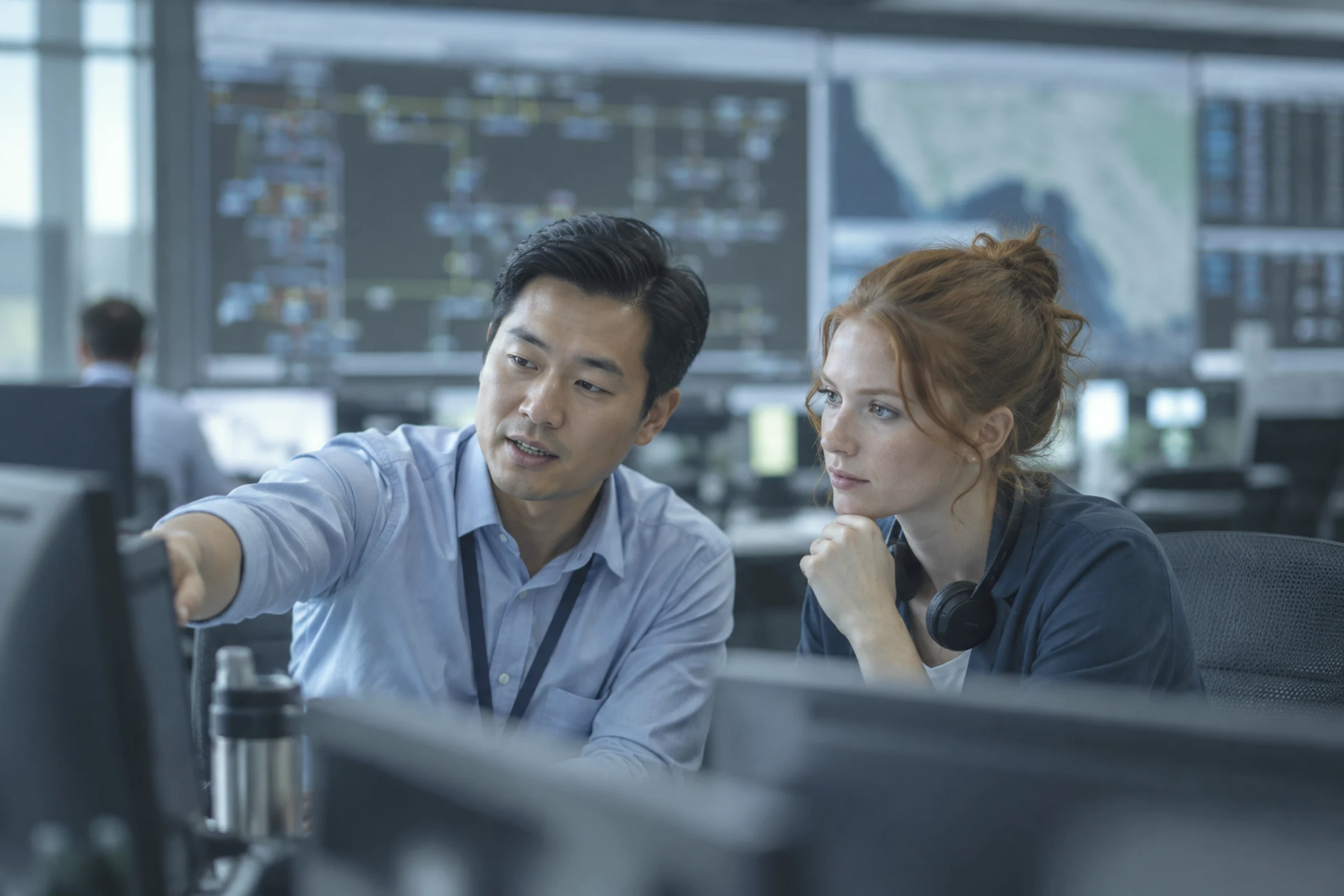 Two engineers talking at a desk in a utility control room