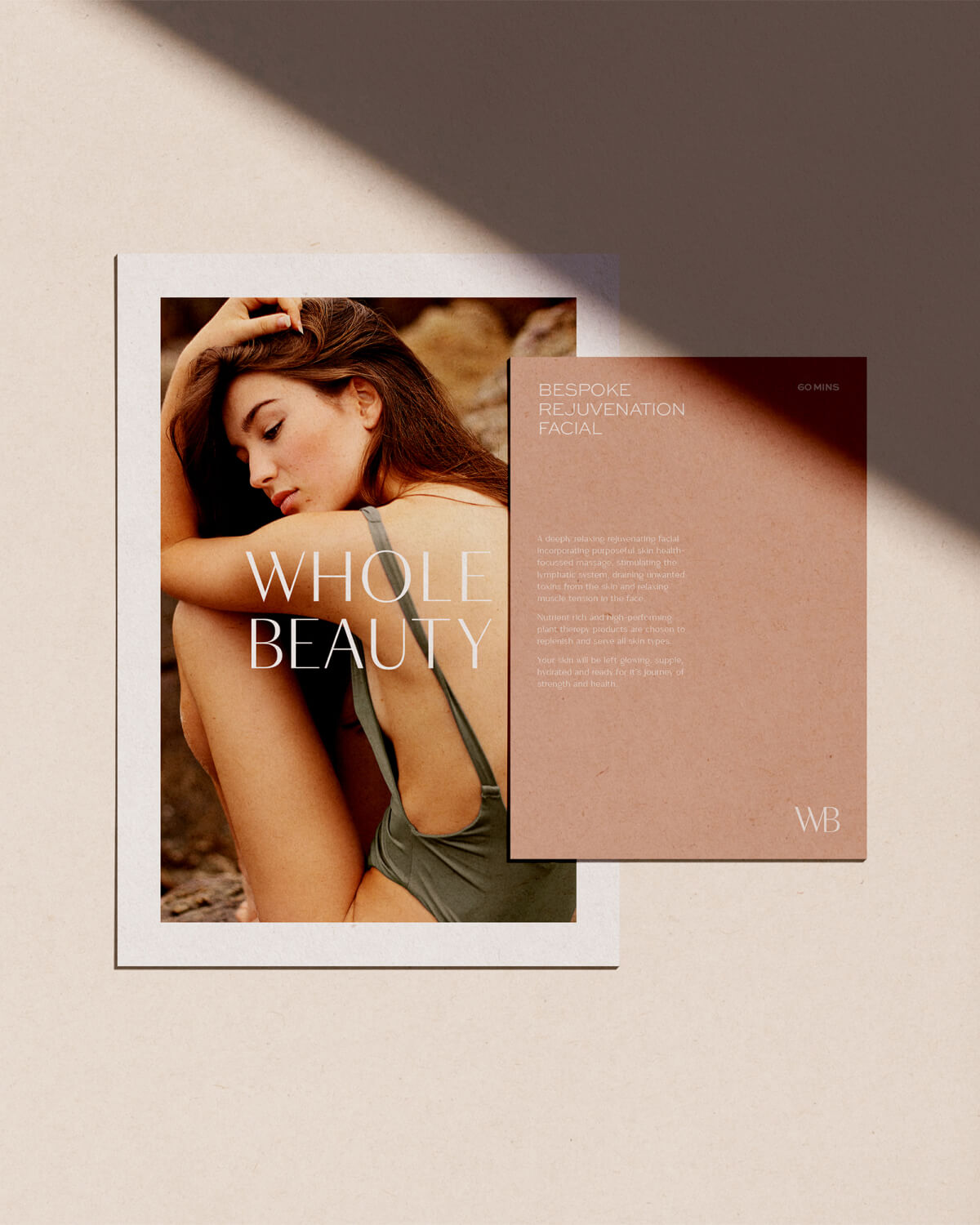 High-end mock-up of Whole Beauty postcards, including treatment description, by graphic designer Carl Dixon, for Whole Beauty holistic facials, beauty and wellness studio in Waihi Beach, New Zealand.