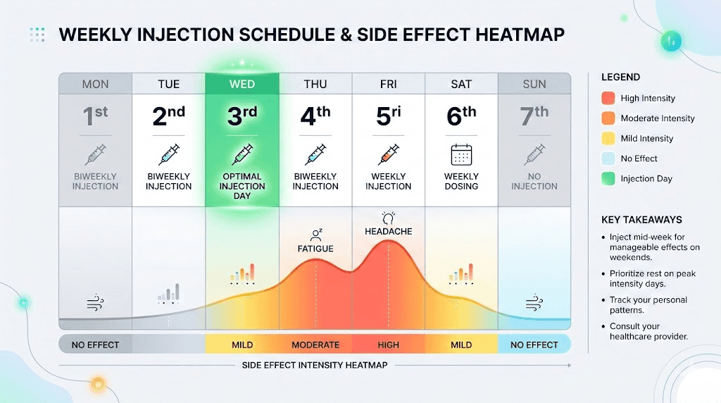 Tirzepatide weekly injection day planning calendar with side effect timeline