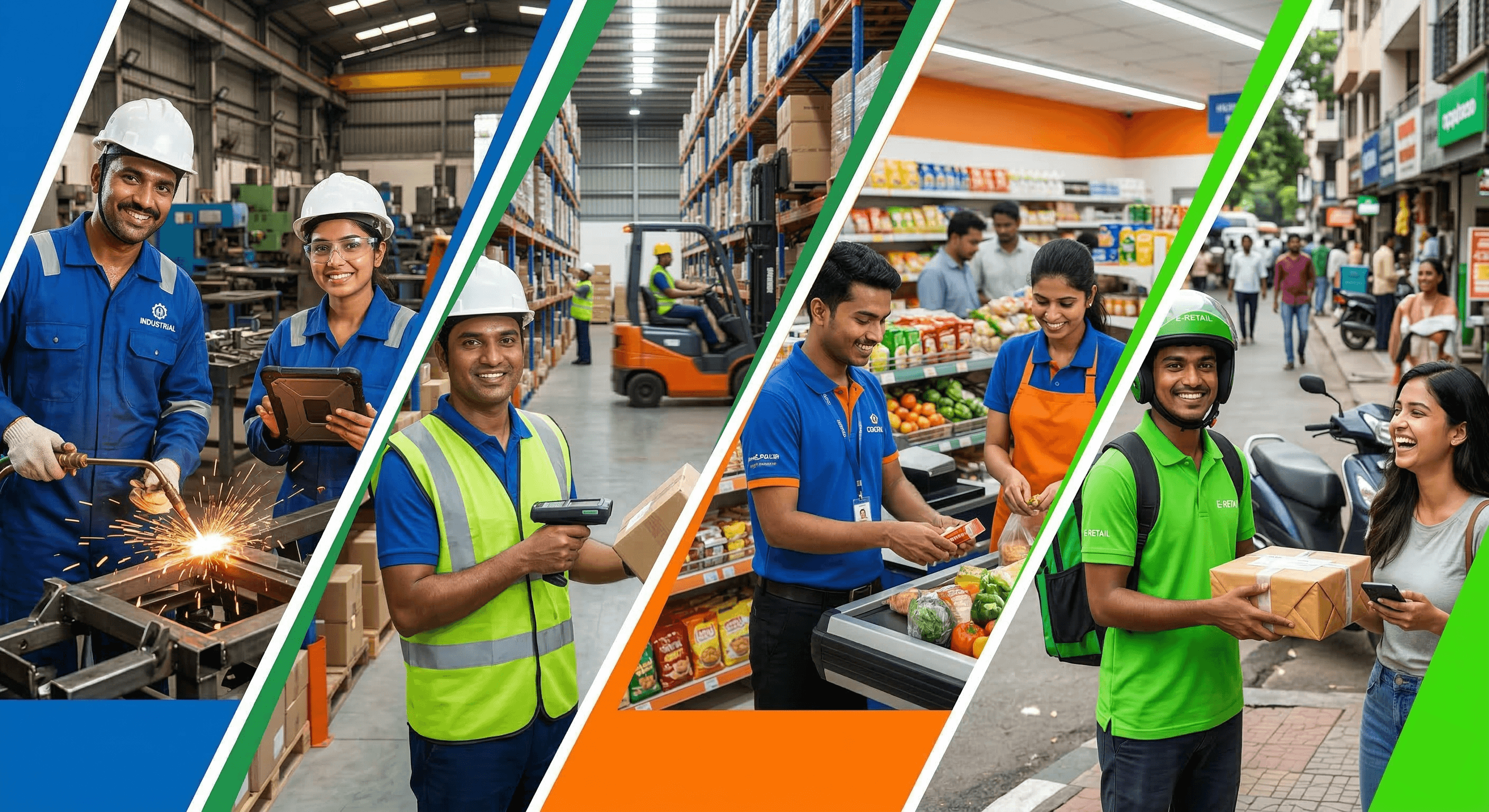 Gemini said A vibrant diagonal collage showcasing diverse Indian frontline workers across manufacturing, warehousing, retail, and last-mile delivery sectors.