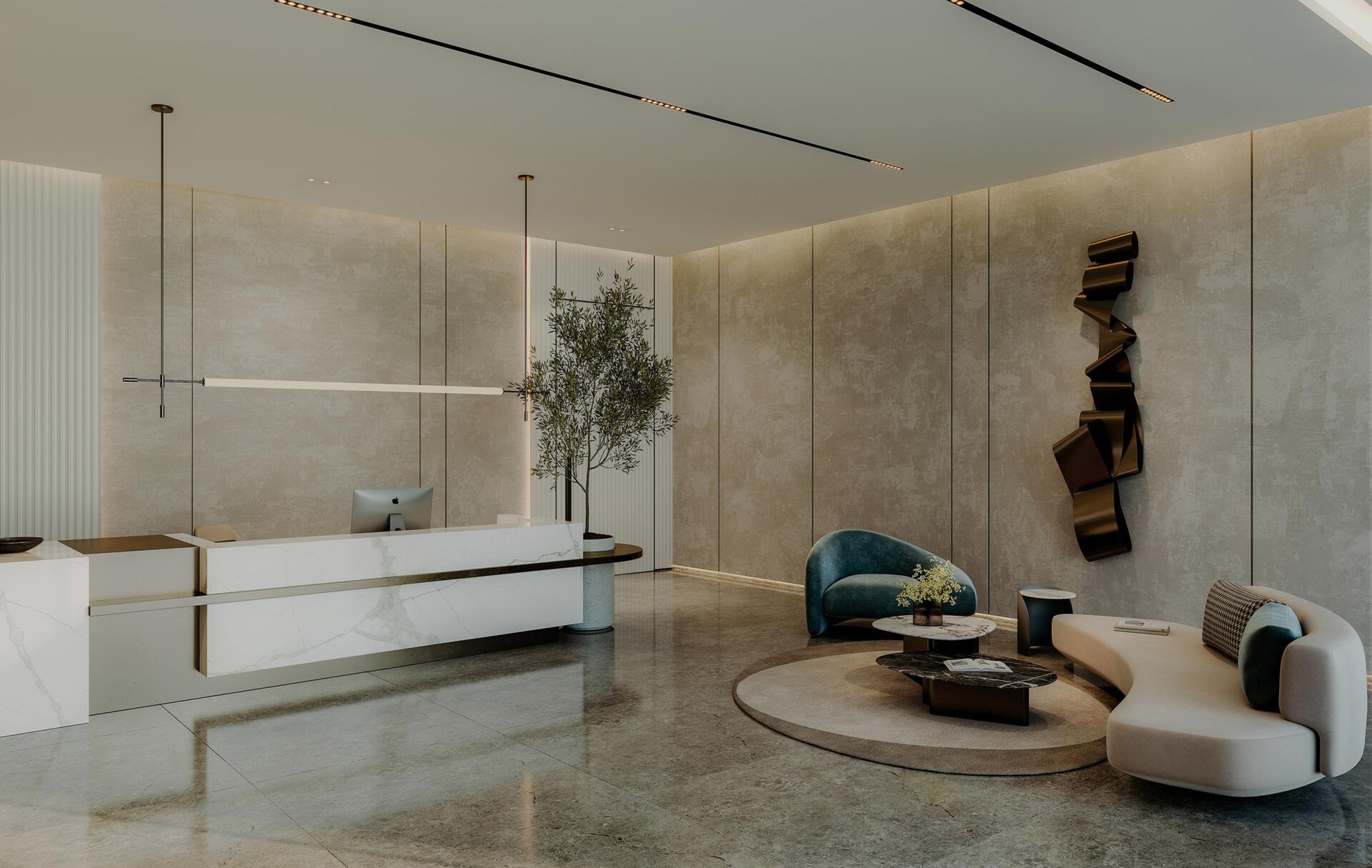  Interior of Norah Residence office showcasing a reception desk and seating area with contemporary design.