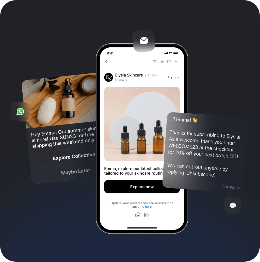 Elysia Skincare marketing campaigns on a mobile phone showcasing WhatsApp, email, and SMS engagement channels. Includes messages with a free shipping offer, a 20% discount code for new subscribers, and product promotions, enhancing customer interaction.