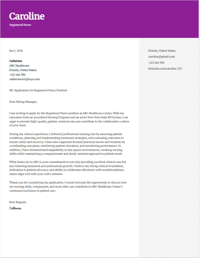 Cover letter example for registered nurse