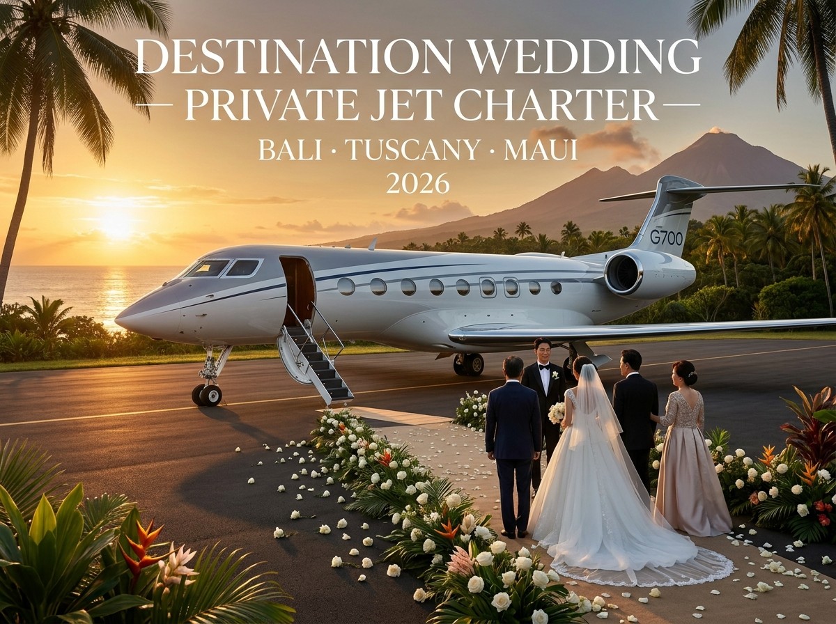 Destination wedding private jet charter — Bali, Italy, Hawaii family wedding 50 guests integrated package 2026
