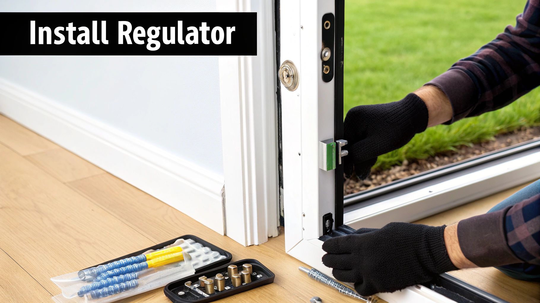 Person wearing black gloves installing a door regulator, with various tools on a wooden floor.