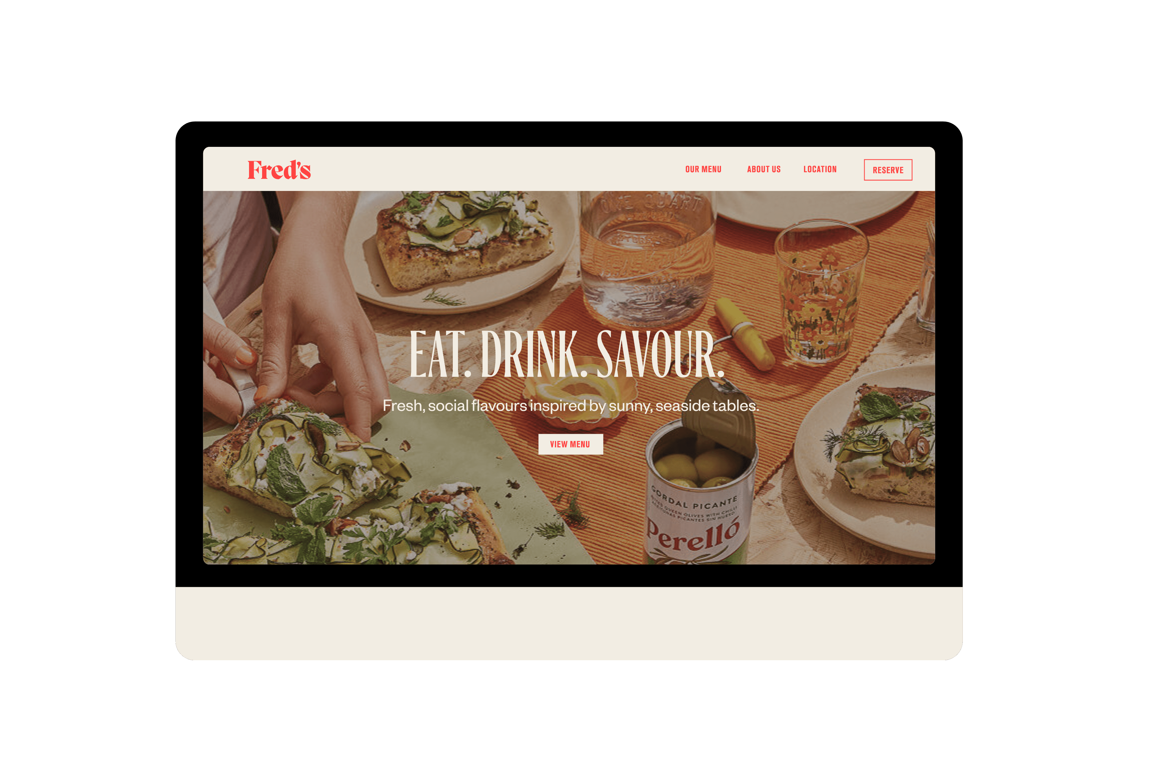 A website landing page, showing food