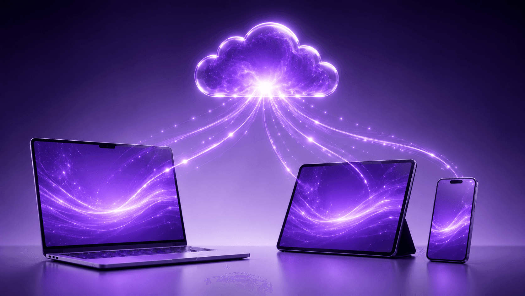 A glowing cloud streaming to a laptop, tablet, and phone, illustrating Vagon Cloud Computer on any device