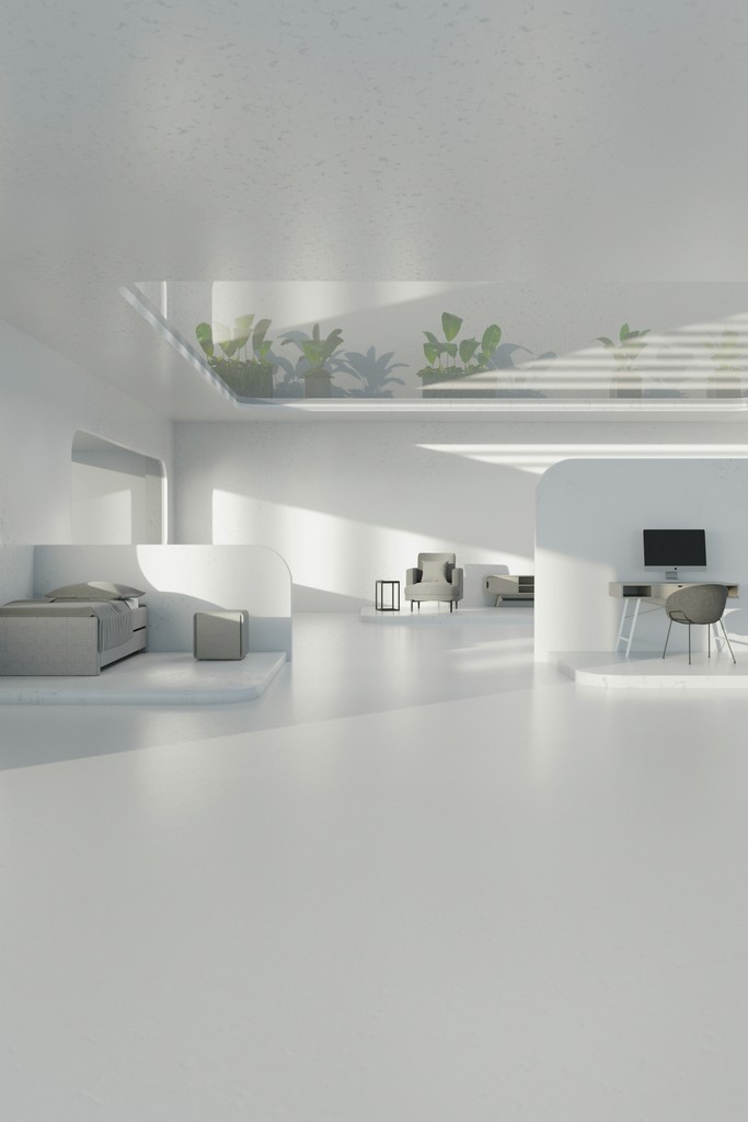 A room with a lot of white furniture in it