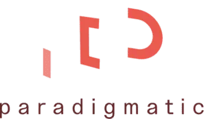 Logo paradigmatic avec formes géométriques rouges.