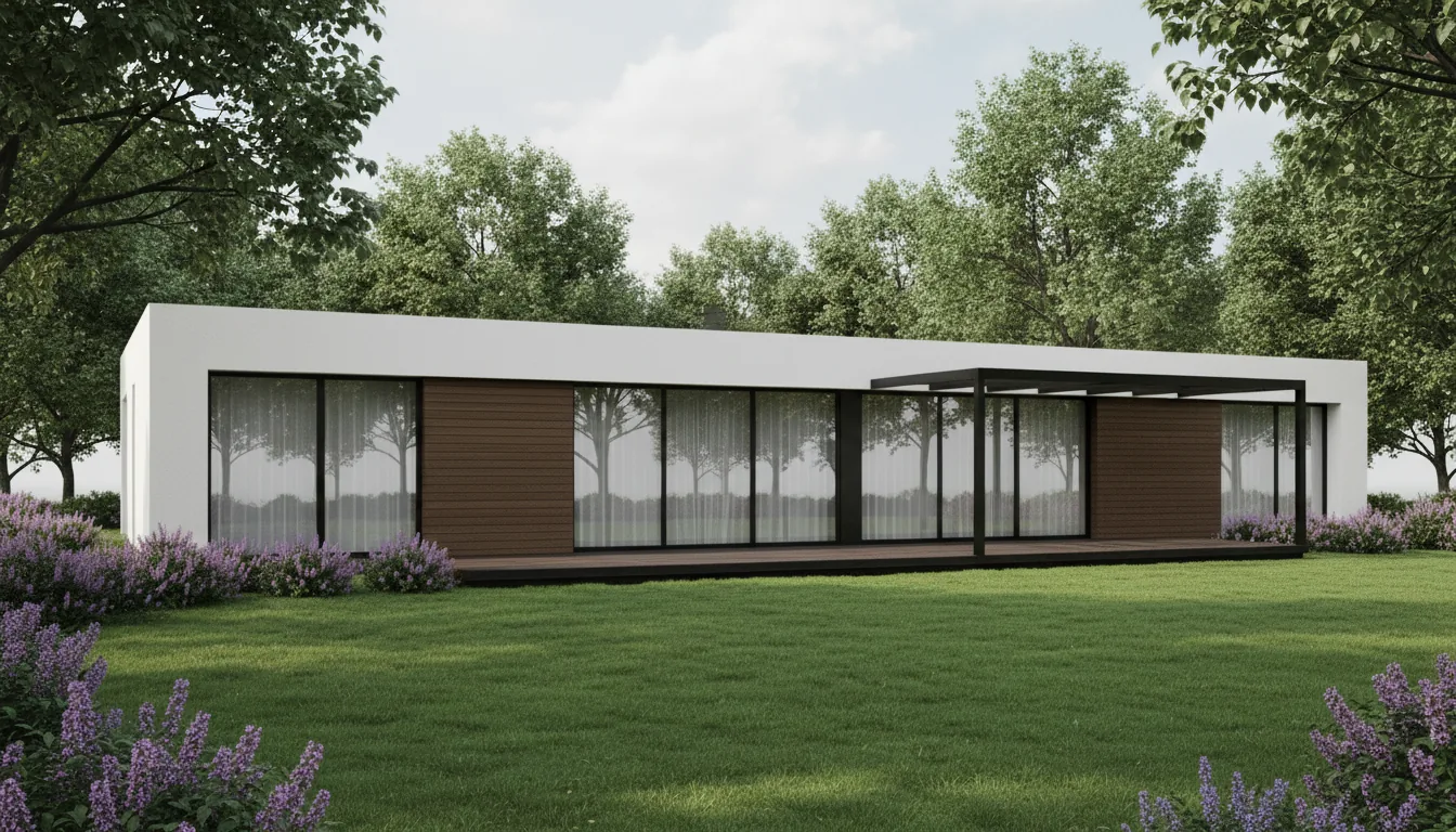 High-detail architectural visualization of a modern single-story house, 3D render in the style of SketchUp and V-Ray. The building has a minimalist design with a white matte plaster facade, dark brown textured paneling, and large glass sliding doors. A dark wood deck with a black metal pergola extends from the side. The house is set in a vibrant landscape with a meticulously manicured green lawn, flowering purple shrubs, and tall, leafy trees against a slightly overcast sky. Lighting is soft global illumination, simulating realistic bright daylight with gentle shadows.
