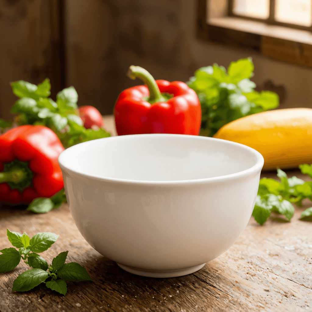 product photography of a shallow white bowl, typically used for serving or holding food