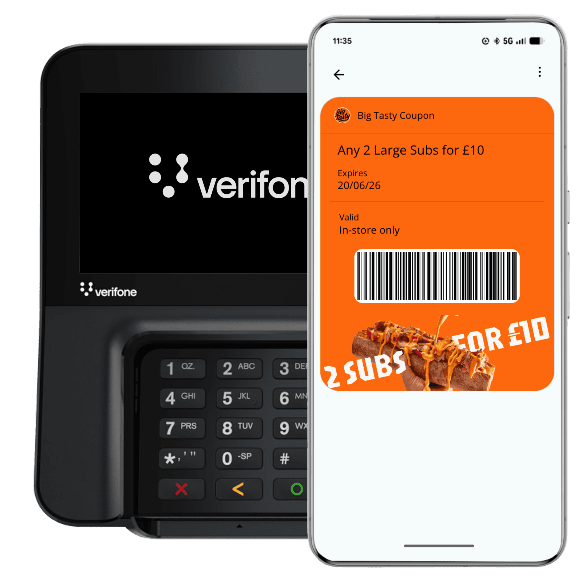 A person holds a smartphone near a payment terminal on a wooden table, initiating a contactless payment.