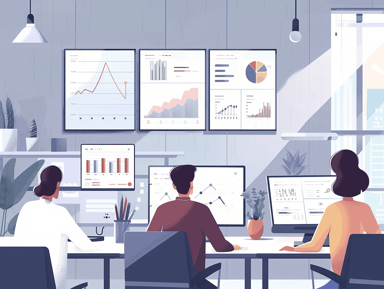 Three sales professionals using essential tools and software on multiple screens to analyze sales data in a modern office environment, highlighting the importance of technology in outbound sales strategies.