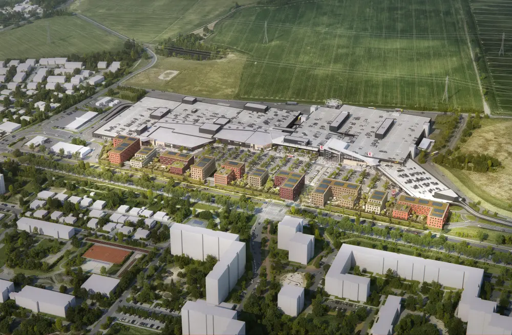 Isometrische Zeichnung eines Bauprojekts mit mehreren Gebäuden und markierten Strukturen in Rot