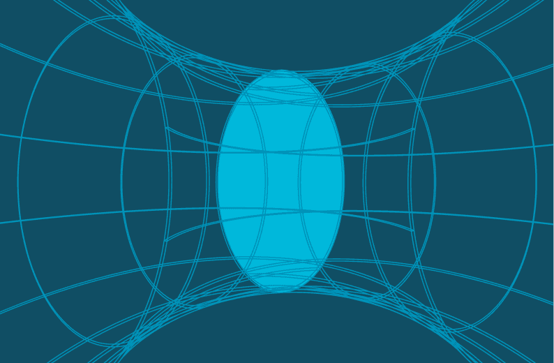 Abstract tunnel-like shape formed by intersecting curved cyan lines, with a bright blue oval shape in the center on a dark blue background.