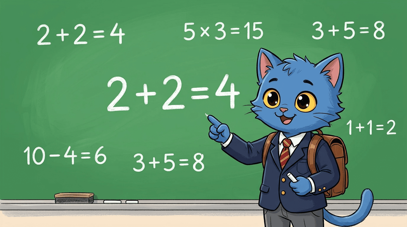 Blue cartoon cat in a suit jacket pointing at a chalkboard with basic arithmetic: 2+2=4, 5×3=15, 3+5=8