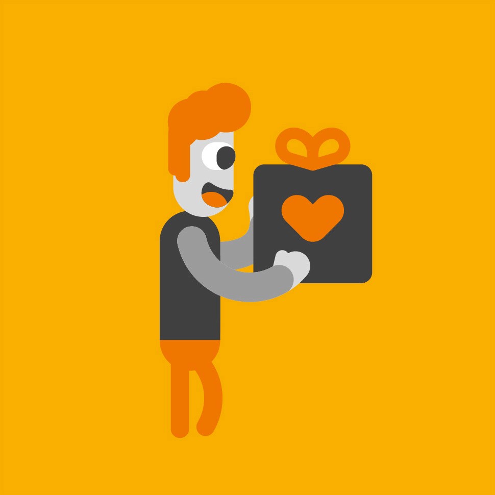 Simple vector illustration of character receiving a gift with a Heart icon on it. Orange background and colors white, dark grey, light grey, dark orange.