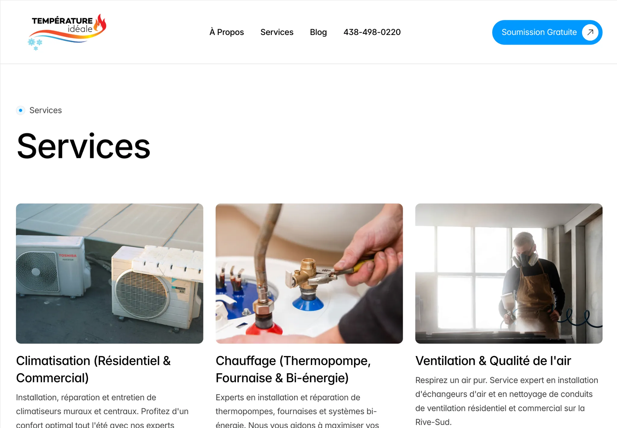 Page services du site Température Idéale restructurée par B503 Studio, avec une hiérarchie claire et des services CVC optimisés pour la conversion.