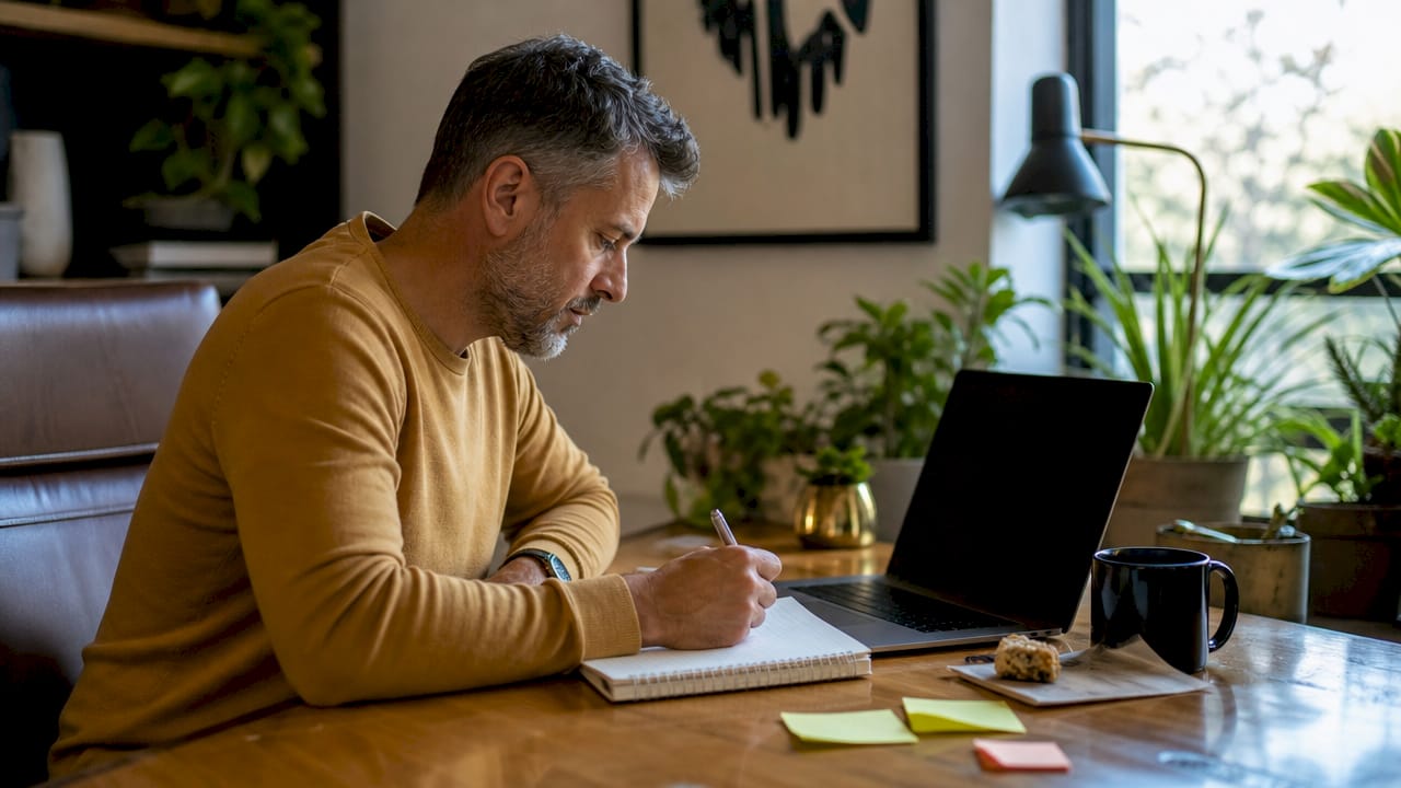 Man planning CRM data model at home office desk