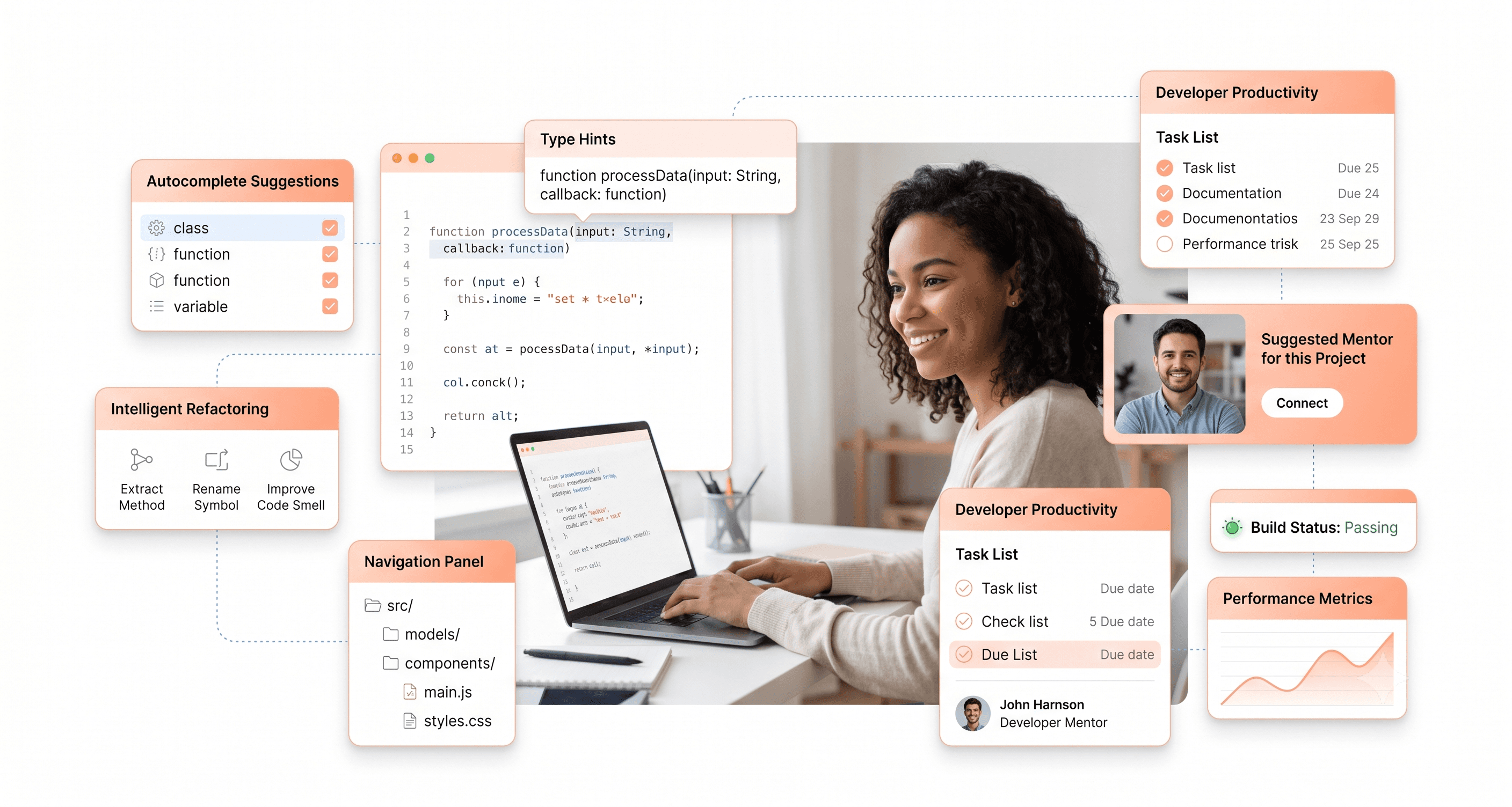 Developer workflow visual showing TypeScript autocomplete, intelligent refactoring, and IDE productivity features