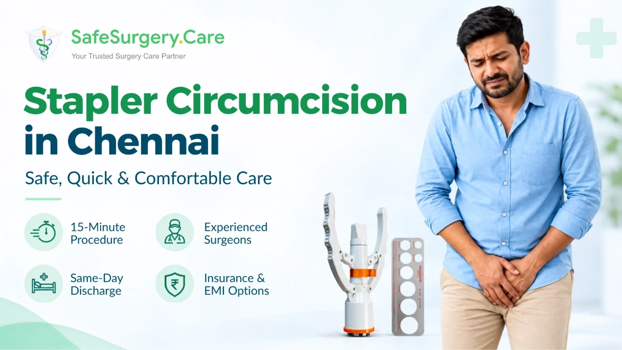 Stapler Circumcision in Chennai with experienced surgeons, same-day discharge, and insurance and EMI options from SafeSurgery.Care.
