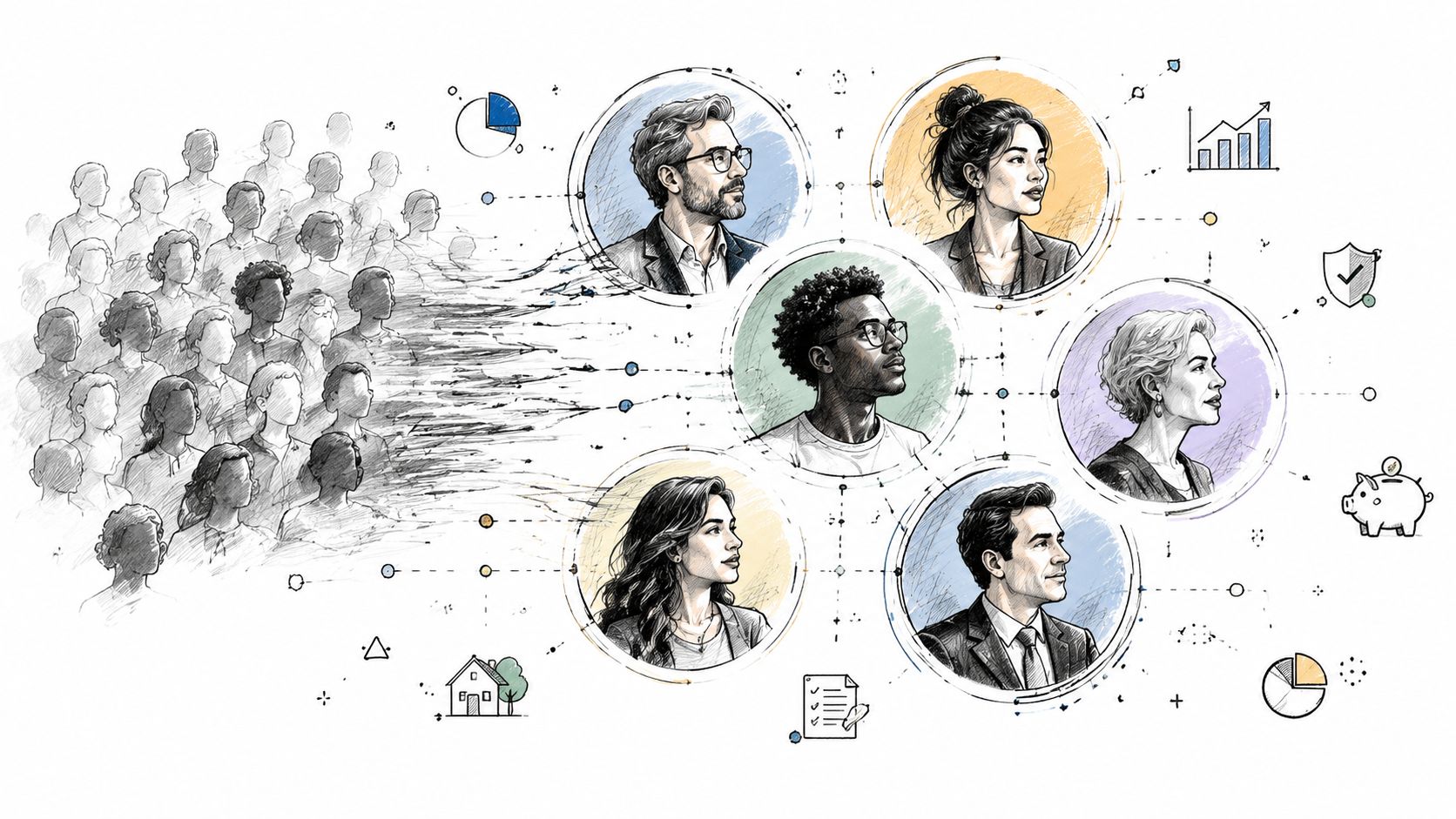A digital illustration showing a crowd connecting to diverse financial professionals surrounded by business and financial icons.
