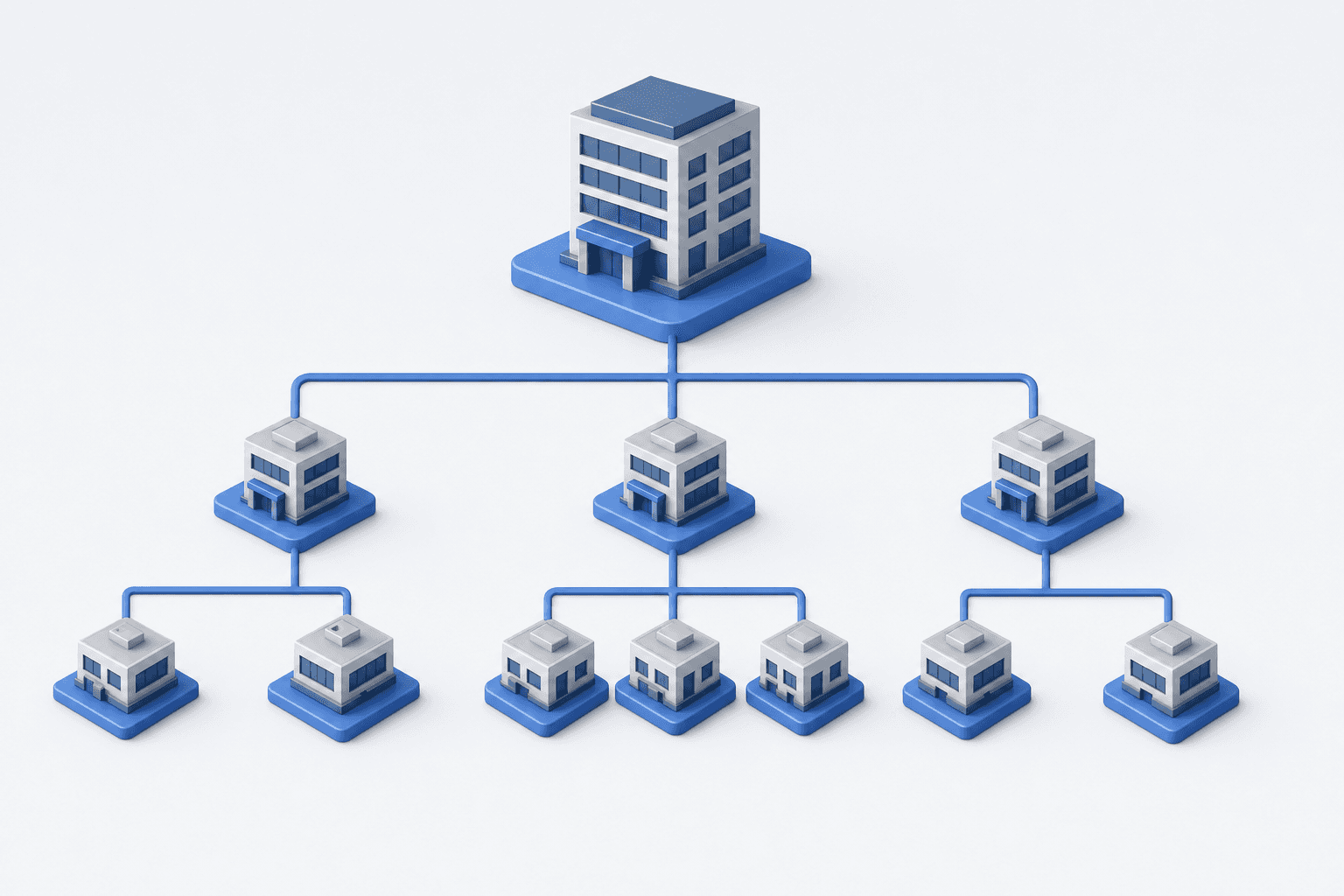 A clean, professional illustration showing a corporate organizational hierarchy tree structure with a parent company at the top connected to multiple subsidiary companies below in a branching pattern. Modern, minimalist style with geometric shapes representing different business entities connected by lines showing ownership relationships. Blue and gray color scheme, isometric perspective, business diagram aesthetic.
