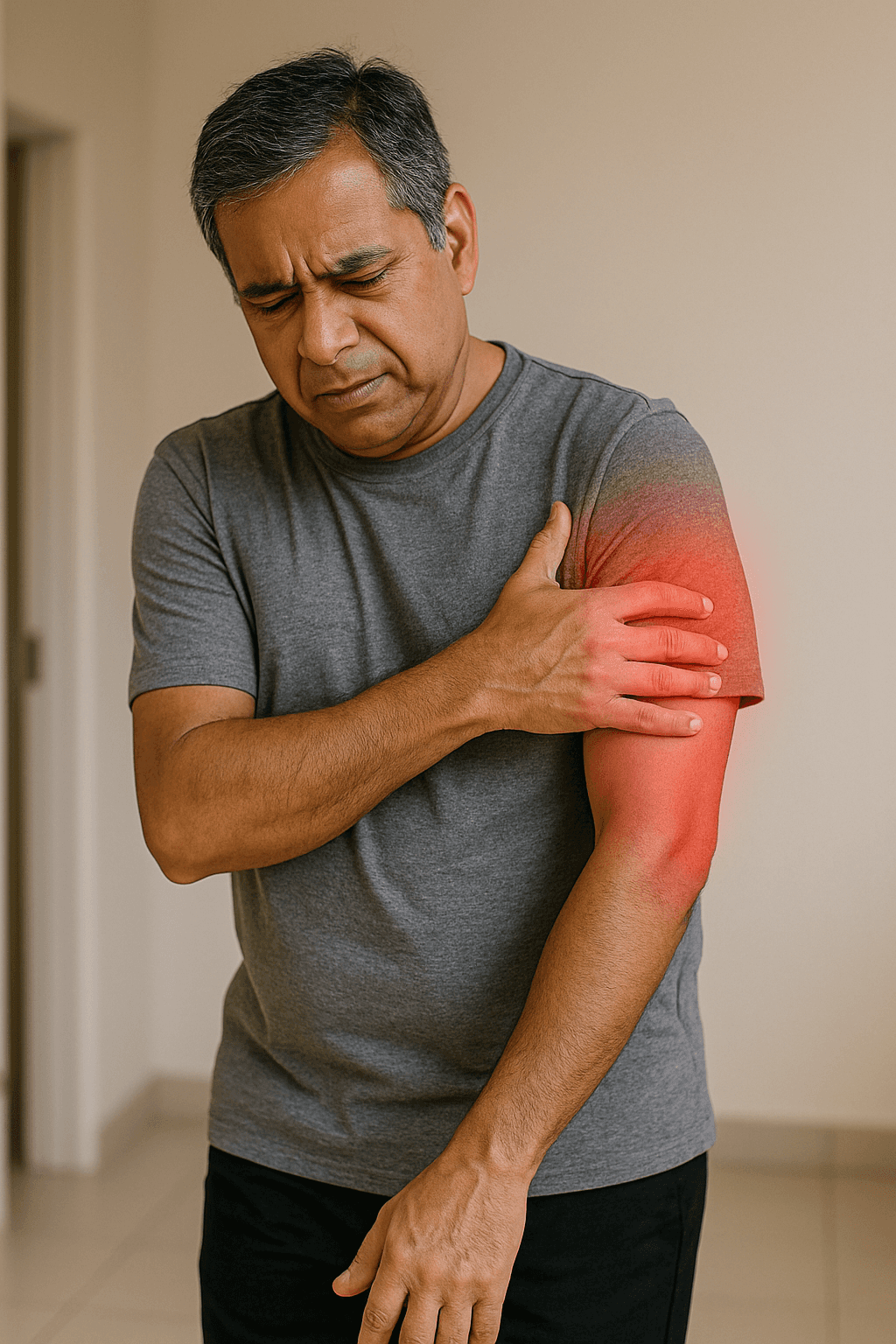 Middle-aged man holding his upper arm with a pained expression, showing symptoms of shoulder or arm muscle inflammation and joint discomfort.