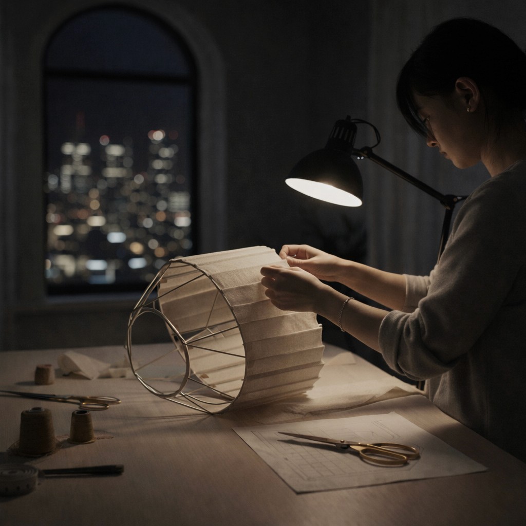 A person's hands carefully attach pleated fabric to a wire lampshade frame under the focused glow of a desk lamp at night.