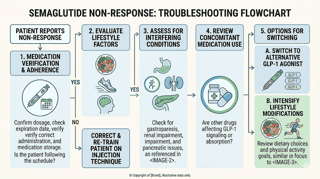 Semaglutide troubleshooting flowchart for non-responders showing systematic diagnostic steps