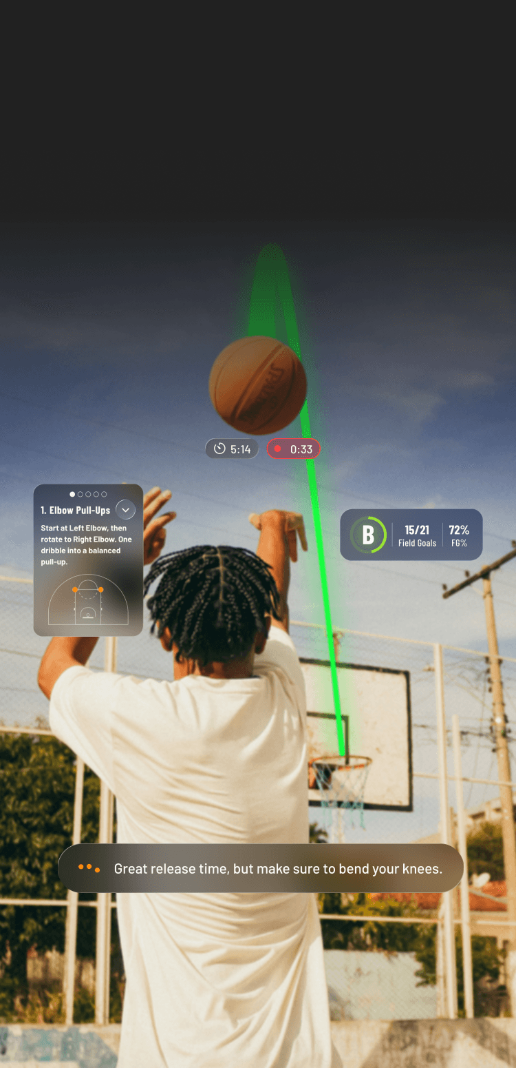 Trainify AI's in-workout user interface showcased over a young athlete shooting a basketball