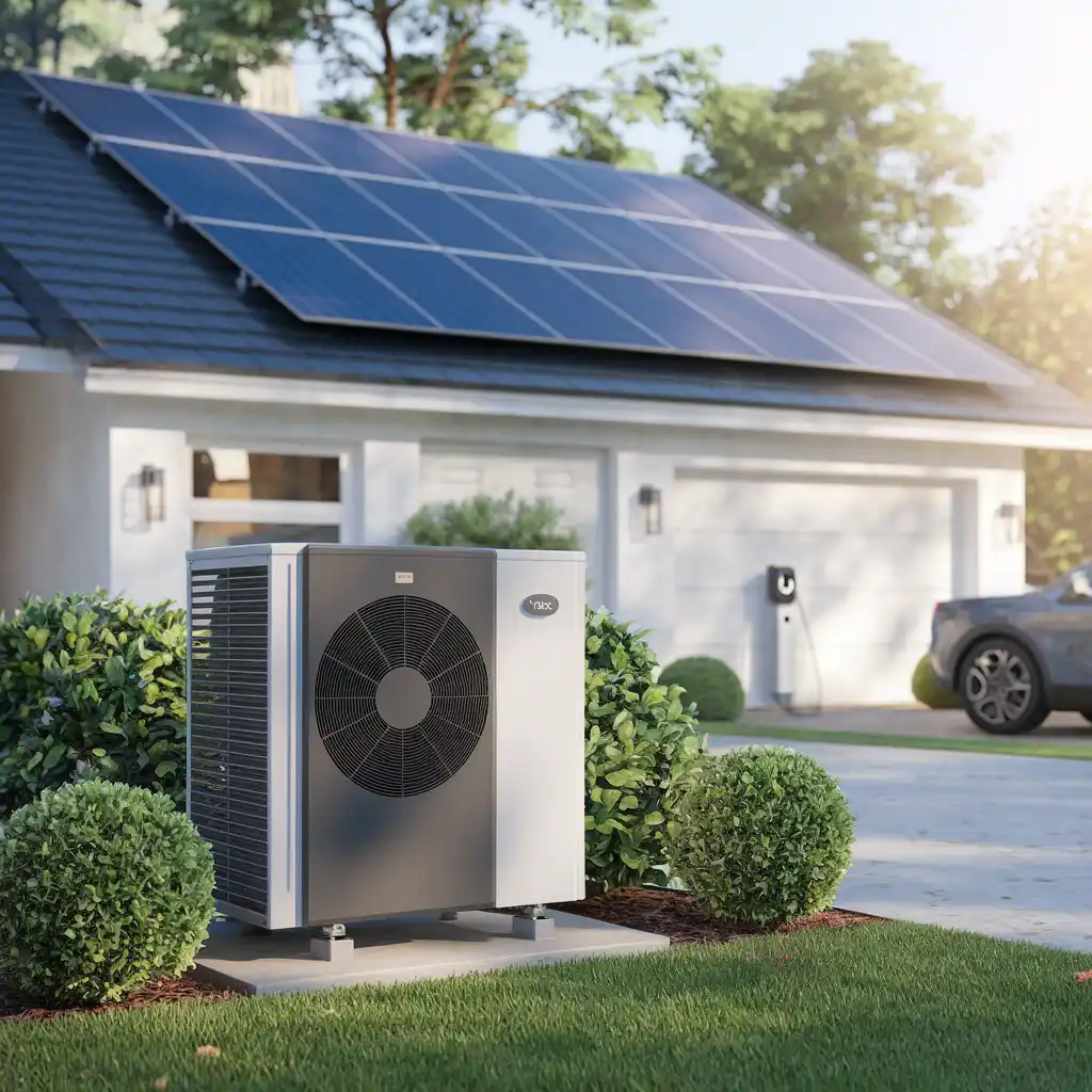 Eine weiße Wärmepumpe steht vor einem Wohnhaus, was eine Solaranlage auf dem Dach hat