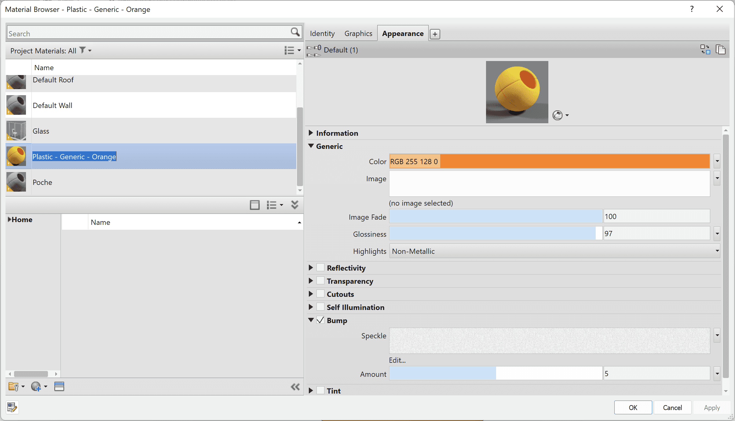 Orange plastic material created with “Default (1)” as asset - it has a slight speckle bump.