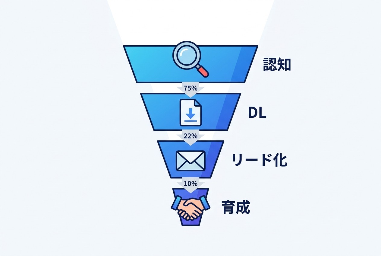 ホワイトペーパーによるリード獲得の4段階。認知→ダウンロード→リード化→育成の流れで、各段階のコンバージョン率管理が成果に直結する。