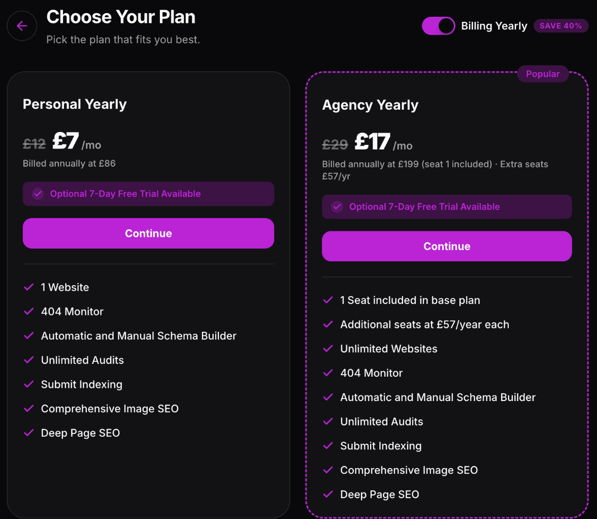 RankFrame plan picker showing the Agency Yearly plan with one seat included and extra seats