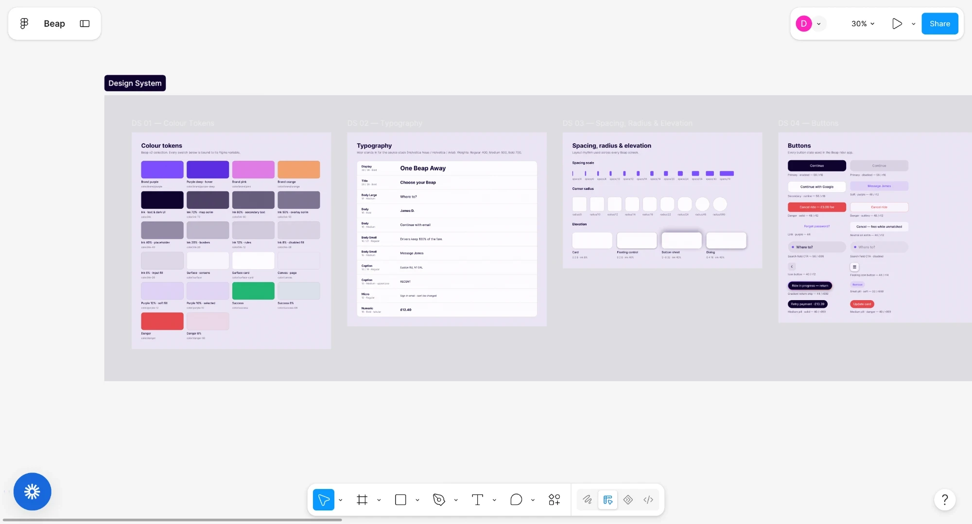Beap design system: colour tokens, typography, spacing and buttons