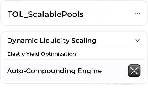 TransOcean Lab Advanced Scalable Pools interface showing dynamic liquidity scaling, elastic yield optimization, and auto-compounding engine for DEX scalability