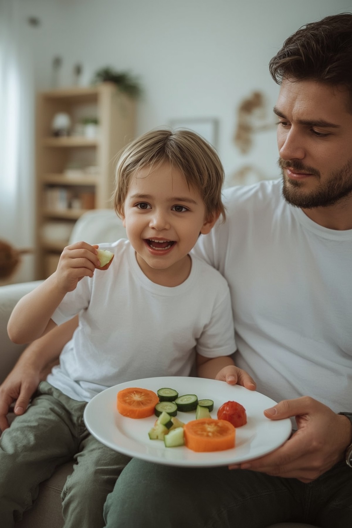 Vater und Sohn essen gemeinsam Gemüse.