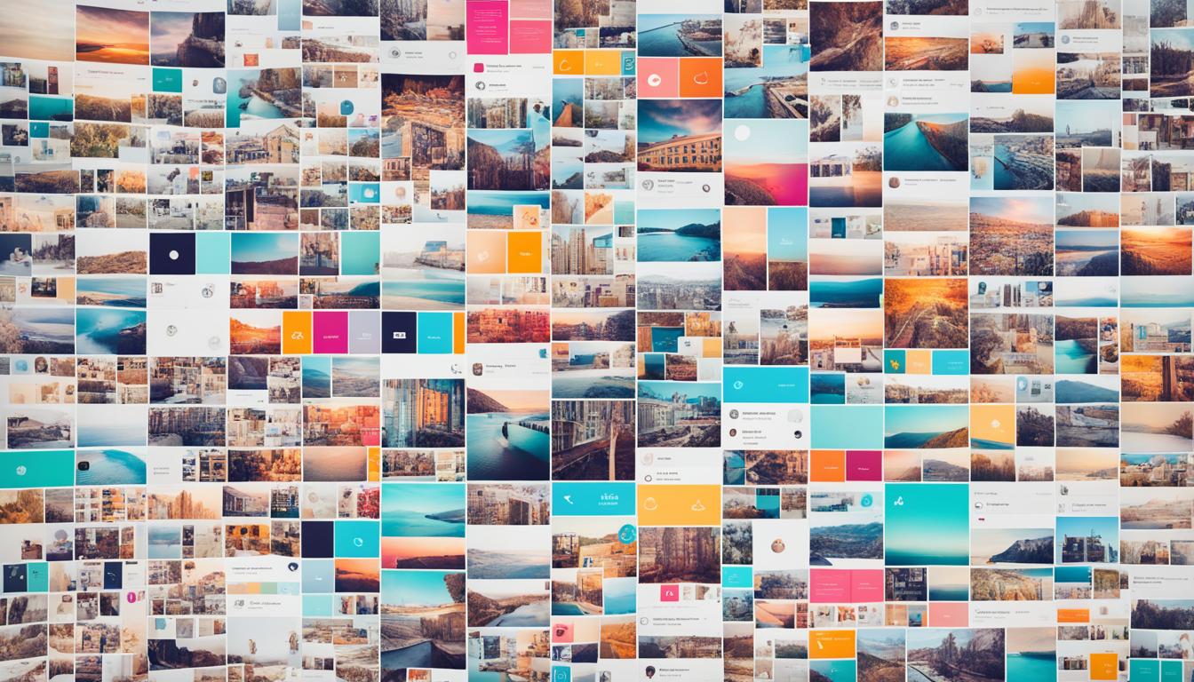 Visualize how the Instagram algorithm determines the visibility of different content types. Show different types of content (e.g. photos, videos, stories, reels) and how the algorithm pushes some to the top and others to the bottom. Use colors and shapes to represent the strength of the algorithm's preference for each content type. Show how engagement, relevance, and other factors come into play in determining the final visibility of each piece of content.