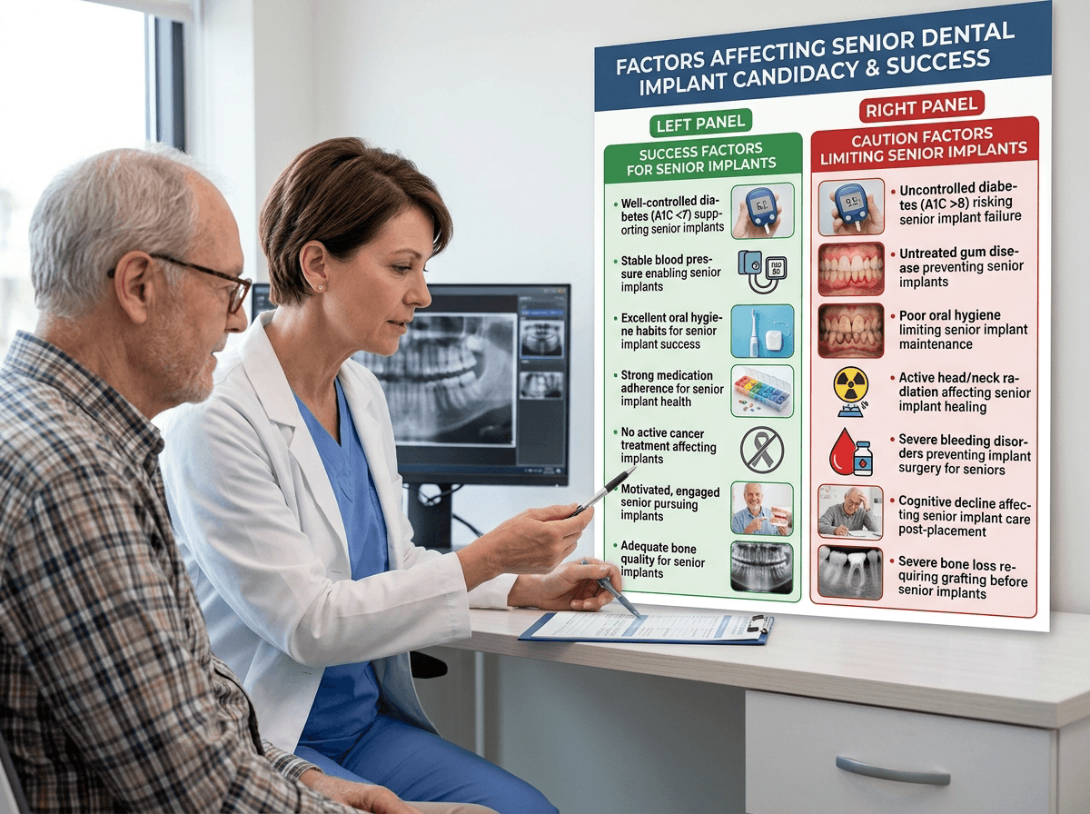 Health factors checklist for senior dental implant candidacy showing success indicators versus caution factors requiring medical evaluation for older implant candidates