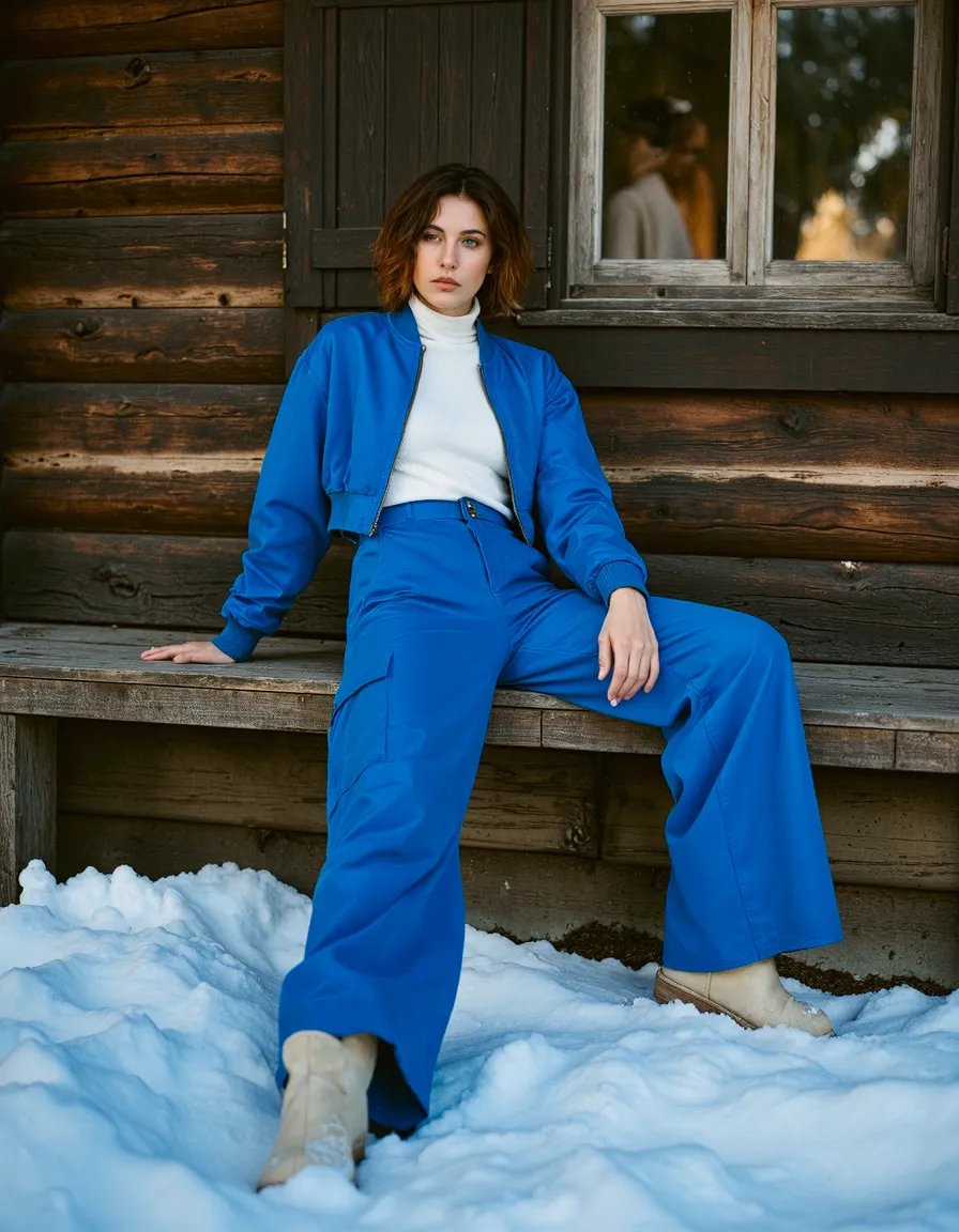 Woman in blue outfit and white turtleneck sitting on wooden bench in snow outside rustic cabin