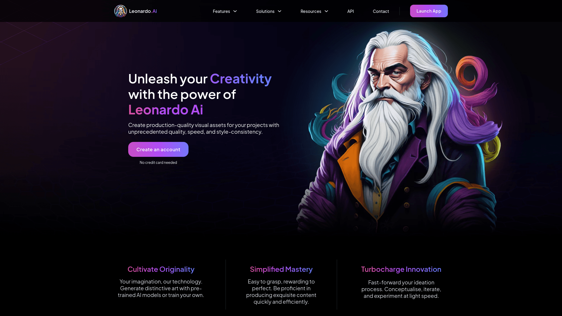 A website homepage featuring a stylized illustration of an elderly man with a white beard in a vivid, modern graphic style, promoting creativity and Leonardo AI tools.