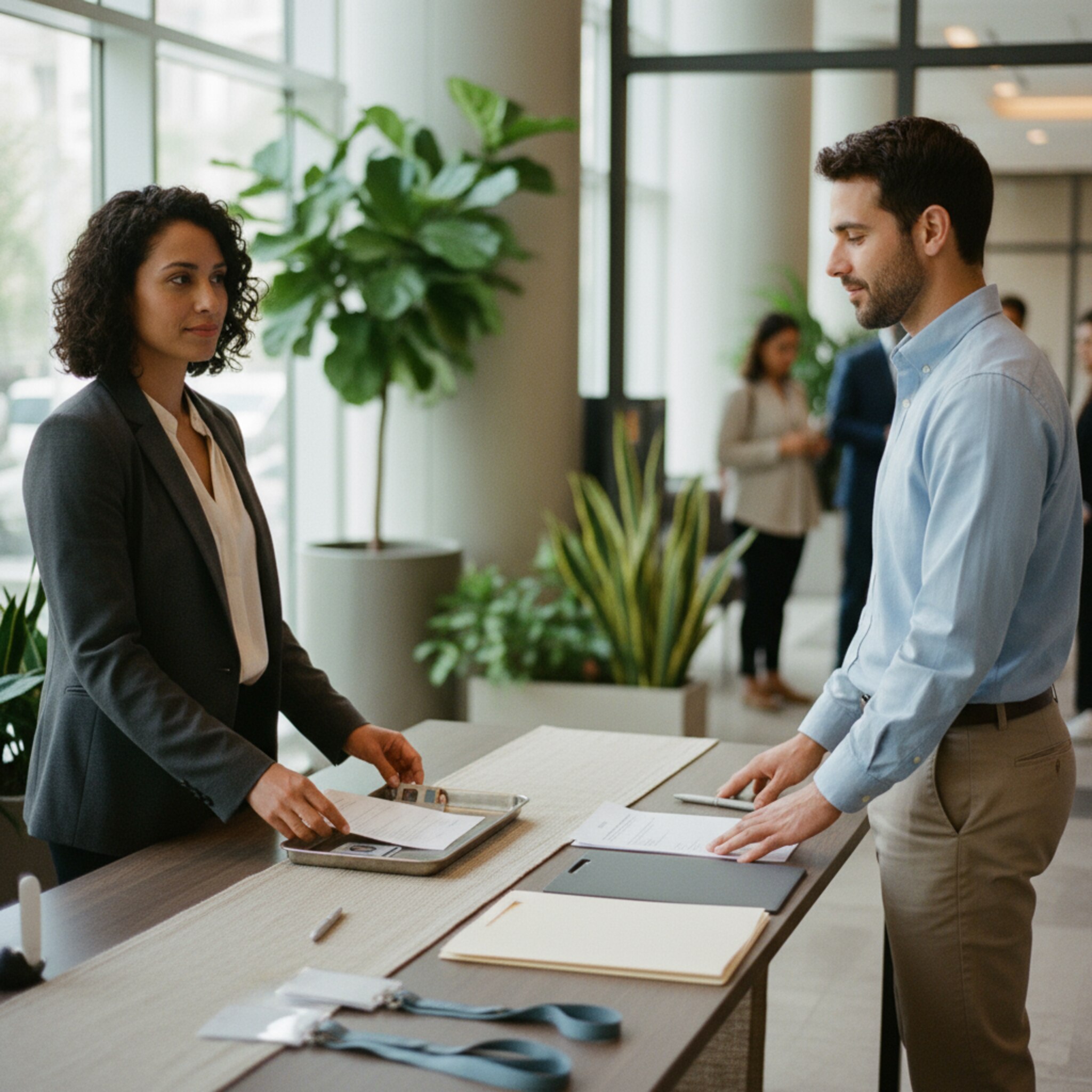 Am Empfangstisch legt eine Teilnehmerin sorgfältig eine unterschriebene Vollmacht neben ihren Ausweis. Eine Mitarbeiterin bestätigt freundlich mit einem kurzen Nicken. Der Tisch ist aufgeräumt, Unterlagen liegen geordnet bereit. Die Szene vermittelt Klarheit und Nachweissicherheit.