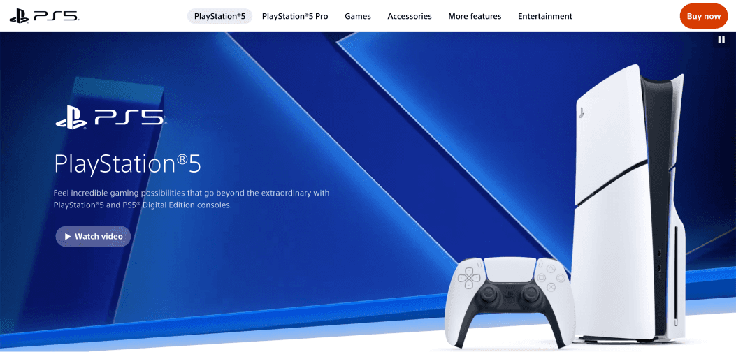 Sony PlayStation 5 console and DualSense controller displayed on a blue background with the PS5 logo and tagline “Feel incredible gaming possibilities that go beyond the extraordinary.”