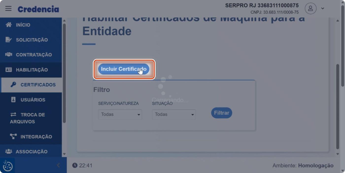 Captura de tela de referência do Credencia para Passo 3 — Incluir certificado de máquina. Contexto: 39 — Habilitação.