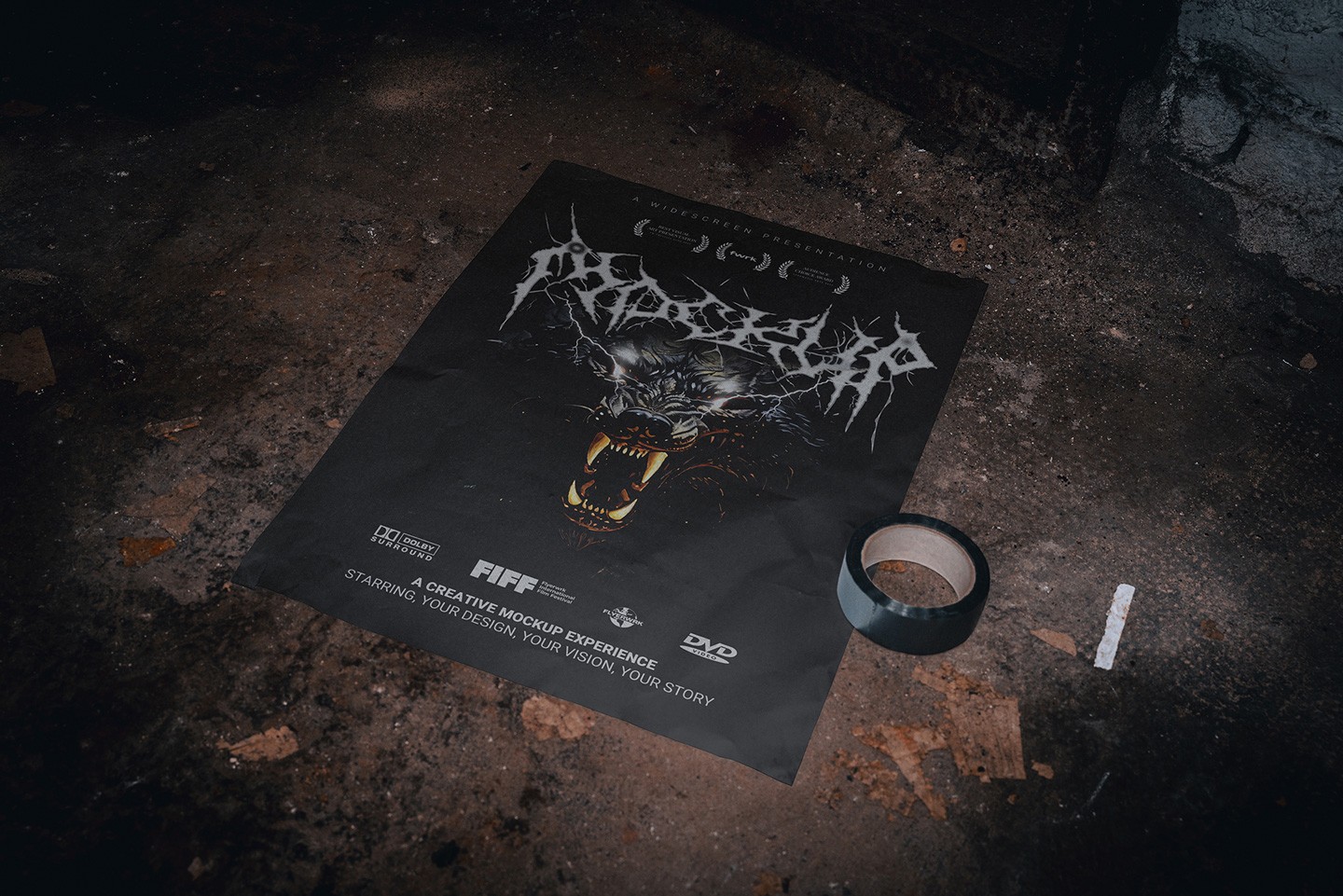 Basement A2 poster mockup showing cinematic poster artwork on dusty floor surface