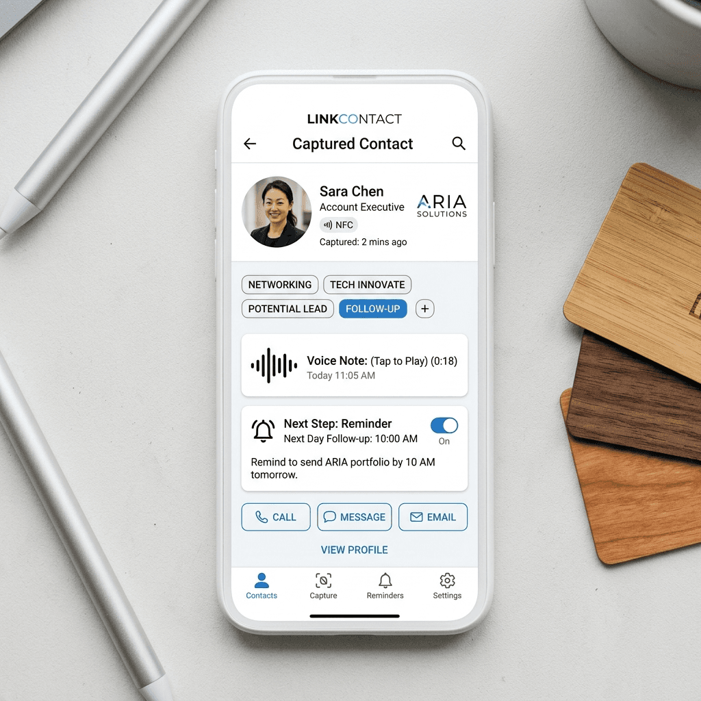 Lead capture workflow with notes and reminders for follow-up