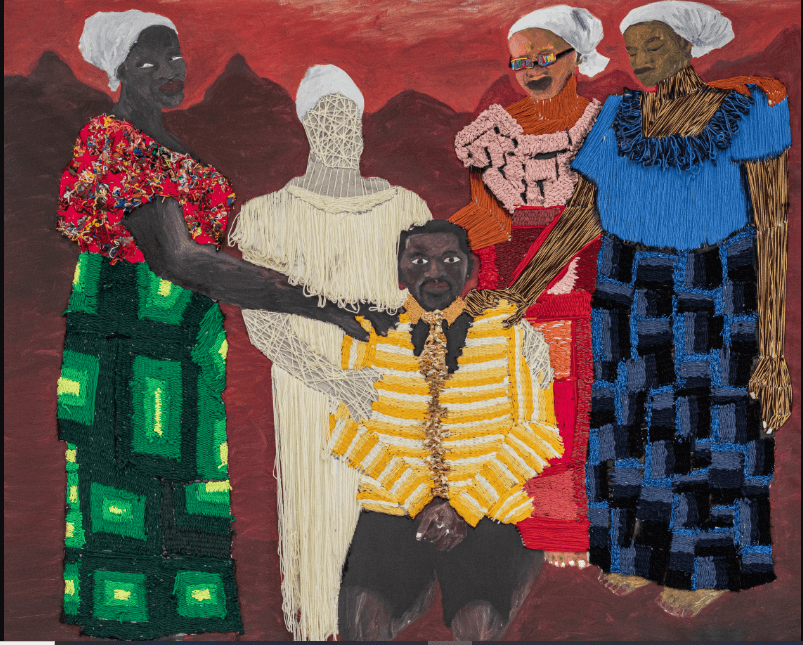 Frank Coffie, Women of Valour, 2026. Oil, found fabric and yarn on linen canvas, 6.7 ft x 5.5 ft. Courtesy Worldfaze Art Practice. Photo: Holtsbon Nii Sowah.