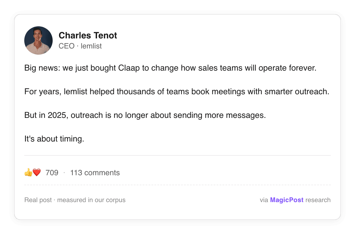 Charles Tenot, CEO van lemlist, in een LinkedIn-post die de overname van Claap en de strategie erachter aankondigt