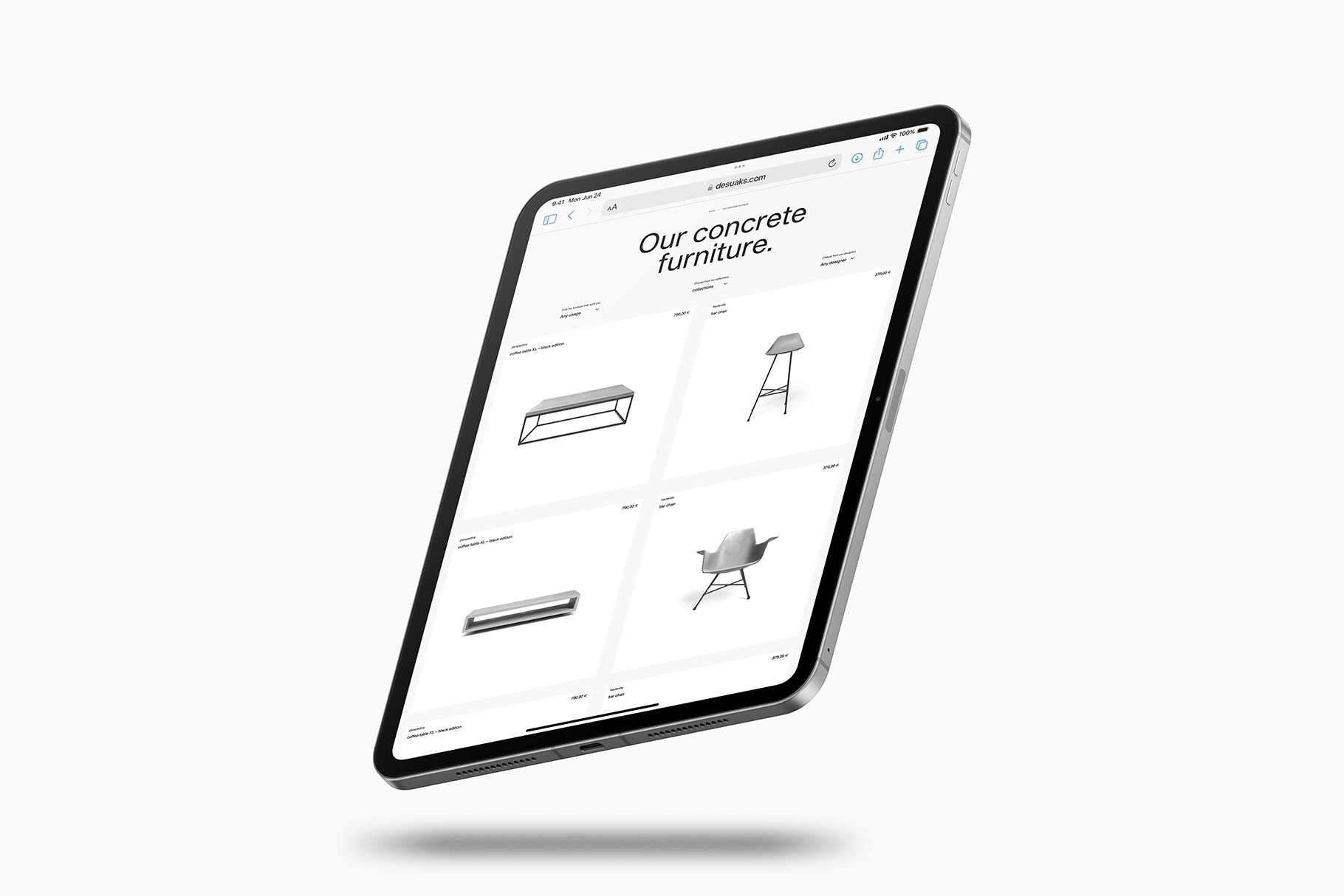 iPad Pro mockup displaying an e-commerce website, presented in an angled floating position with soft shadows.
